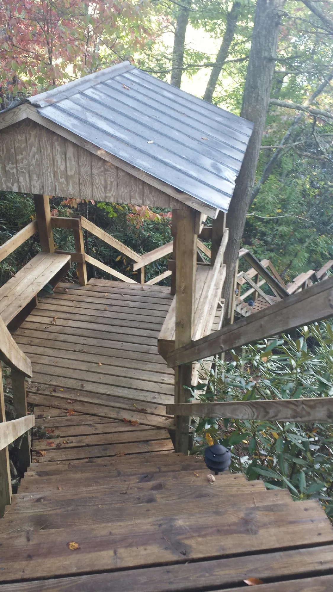 Metal roofed shelter over wooden steps on a wooded walkway — Skylight Repair & Installation work by our crew in Wingate